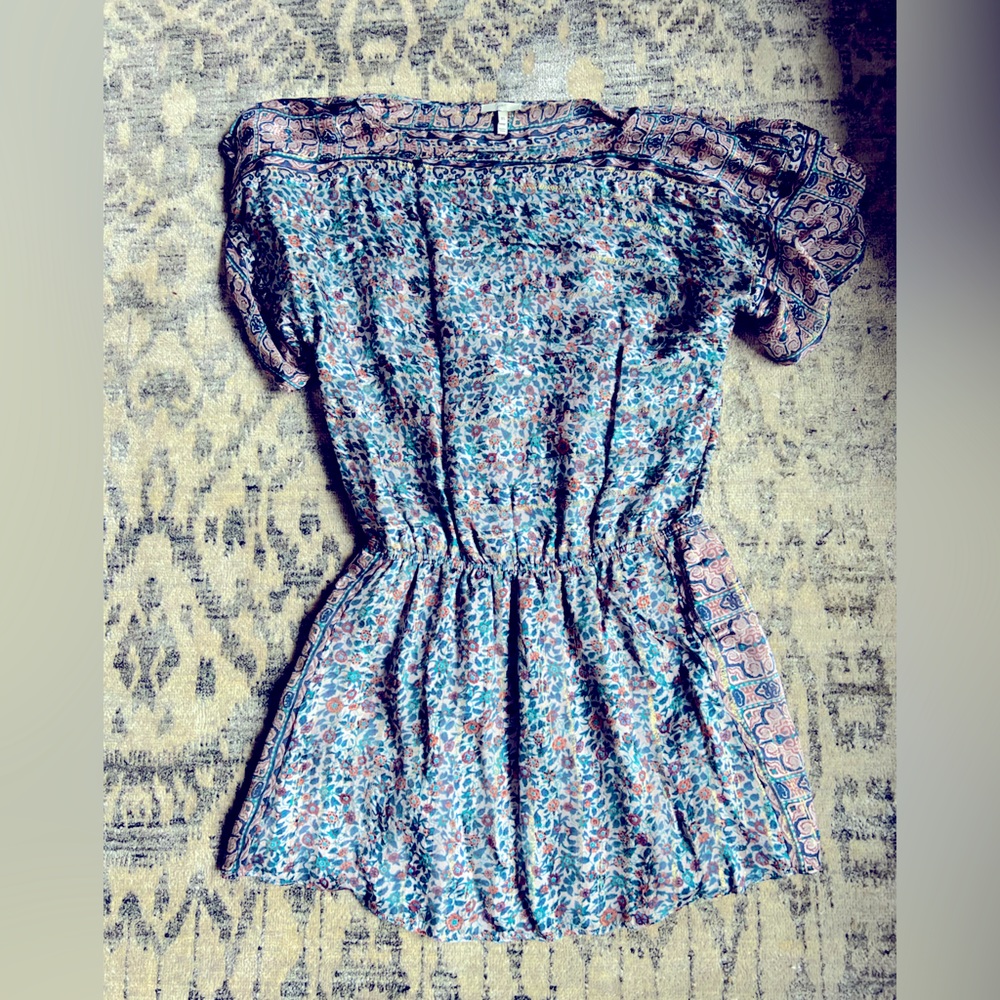 Joie, blue/grey silk mini dress with floral pattern and gold details